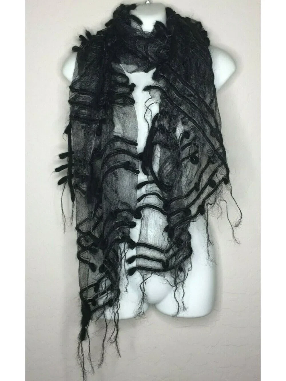 Black Sheer Womens Scarf Fringe Striped Fashion One Size 66